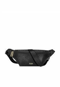 Czarna nerka z wytłaczanym okrągłym wzorem, złotymi akcentami, zapięciem na zamek i regulowanym paskiem. Kompaktowy i elegancki design.