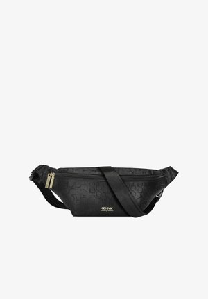 Czarna nerka z wytłaczanym okrągłym wzorem, złotymi akcentami, zapięciem na zamek i regulowanym paskiem. Kompaktowy i elegancki design.