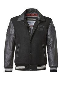 Black varsity jacket with leather sleeves, wool body, button closure, two side pockets, striped ribbed cuffs, and embroidered logo on chest.