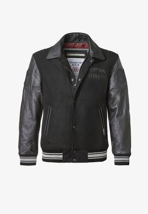 Black varsity jacket with leather sleeves, wool body, button closure, two side pockets, striped ribbed cuffs, and embroidered logo on chest.