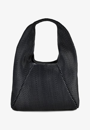 Zwarte geweven leren schoudertas met een zachte rechthoekige bodem en een brede, enkele draagriem.