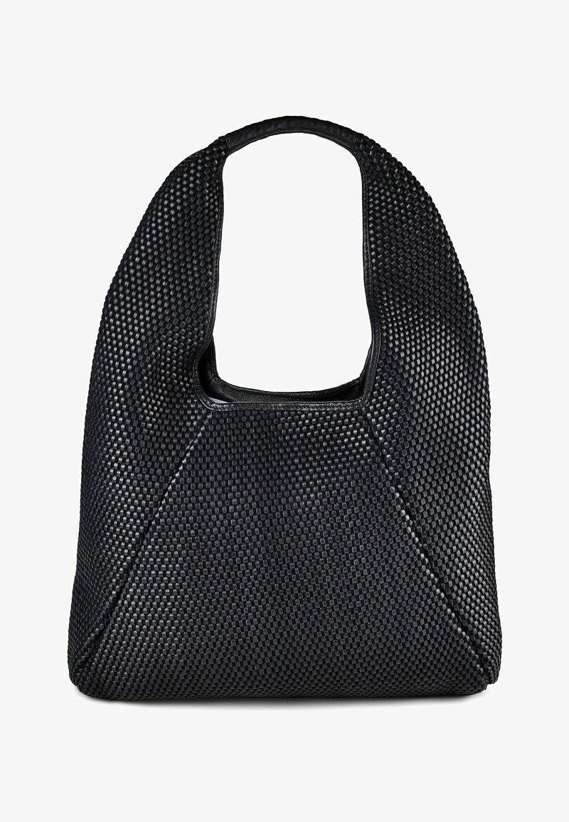 Sac à bandoulière en cuir tissé noir avec une base rectangulaire douce et une large anse à sangle unique.