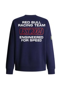 Μπλε σκούρο φούτερ με τις φράσεις «Red Bull Racing Team», «EST. 2004» και «Engineered for Speed» τυπωμένες στην πλάτη με λευκά και κόκκινα γράμματα.