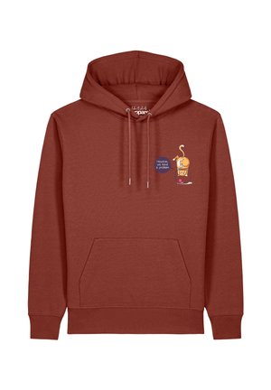 Roestkleurige hoodie met voorzak en een kleine cartoon van een kat die vastzit in een pot, met de tekst "Houston, we have a problem" op de borst.