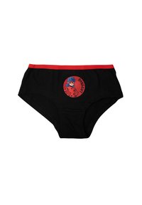 Slip in cotone nero con fascia elastica rossa e grafica circolare di un personaggio con capelli blu e un outfit a macchie.