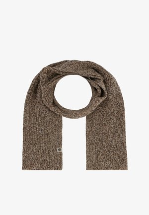 Sciarpa lavorata a maglia in diverse tonalità di marrone, con una texture morbida, design aperto e una piccola etichetta con il marchio su un'estremità.