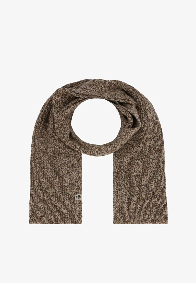 Sciarpa lavorata a maglia in diverse tonalità di marrone, con una texture morbida, design aperto e una piccola etichetta con il marchio su un'estremità.