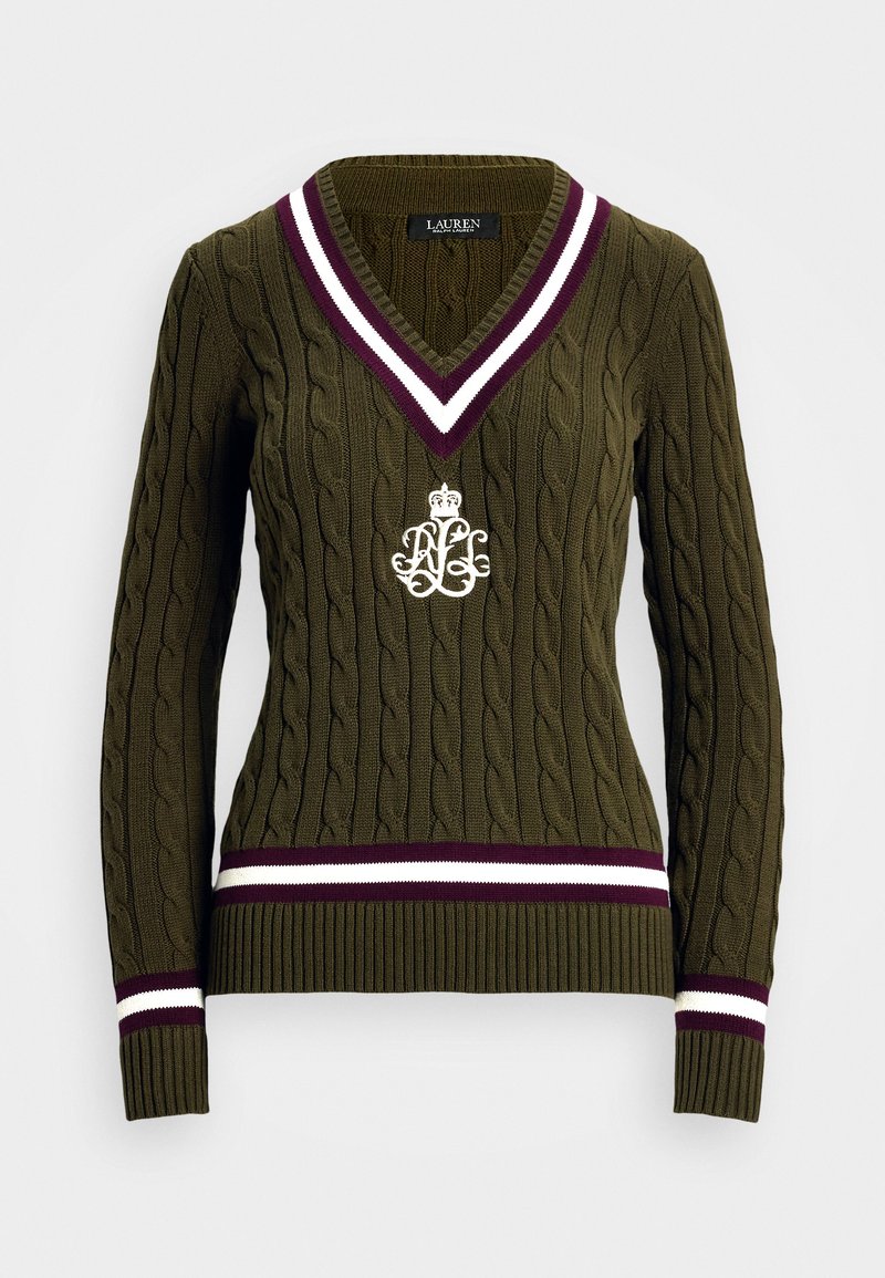 Lauren Ralph Lauren CABLE KNIT COTTON CRICKET SWEATER - Pulóver - botanic green/pinot noir/cream