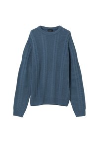 Maglione blu a maglia con texture a coste e motivo a trecce. Presenta un colletto rotondo e maniche lunghe. Vestibilità casual con polsini e orlo a coste.