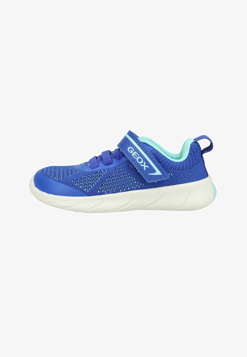 Blue children's athletic shoe with breathable mesh, light blue inner lining, white sole, and Velcro strap labeled "GEOX."