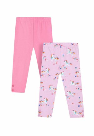 To par børneleggings: én ensfarvet lyserød, den anden lyserød med et enhjørningemønster, der har blomster og knapper ved anklerne.