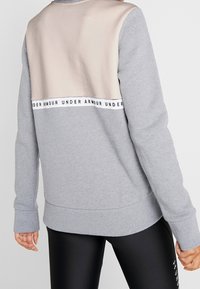 Grijze sweatshirt met een beige achterpaneel, geribbelde manchetten en zoom, met een bedrukte logoband over de achterkant in zwarte letters.