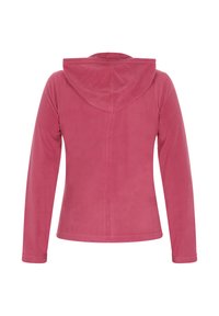 Fleece-huppari yksivärisessä vaaleanpunaisessa sävyssä, pehmeällä tekstuurilla, pitkillä hihoilla ja yksinkertaisella suunnitelulla takana.