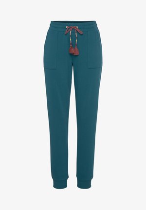 Tiefblaue Sweats mit einer Kordelzugbund und mehrfarbigen Akzenten, zwei Vordertaschen und gerippten Bündchen an den Knöcheln.