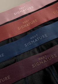 Štyri páry čiernej spodnej bielizne rozložené na ploche s pásmi v ružovej, hrdzavej, modrej a burgundskej farbe, pričom každý pás je označený nápisom „Next Signature“ v rovnakej farbe textu.