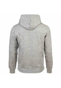 Sudadera gris con una tela suave y texturizada. Presenta un bolsillo tipo canguro, puños acanalados y capucha con cordón. La vista trasera muestra un diseño sin costuras.
