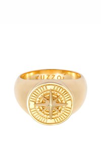 Guld rustfrit stålringskrans med kompasdesign på en rund form, med præget detalje og en poleret finish.