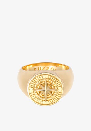 Gold stainless steel ring featuring a compass design on a rounded shape, with embossed detail and a polished finish.