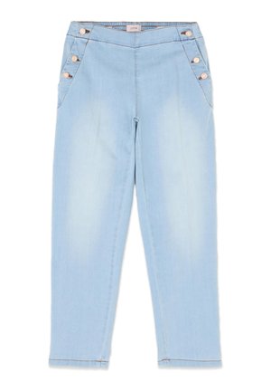 Lichtblauwe taps toelopende broek met zes knopen, drie aan elke kant bij de taille, voorzien van zakken en een gestreepte binnenband.