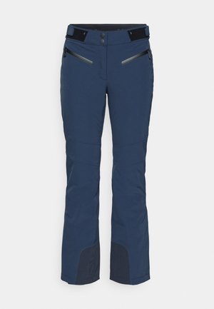 Marineblaue Skihosen aus robustem Stoff, mit Taschen mit Reißverschluss, verstärkten Kniebereichen und einem verstellbaren Bund.