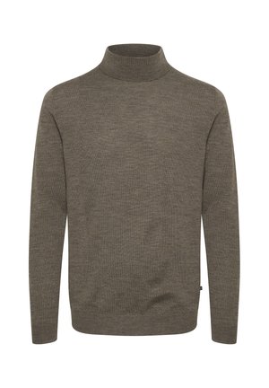 Rjava dolgosleeve volnen pulover z lažjim ovratnikom, ki ima fino pleteno teksturo ter prilegnjen rob in manšete.