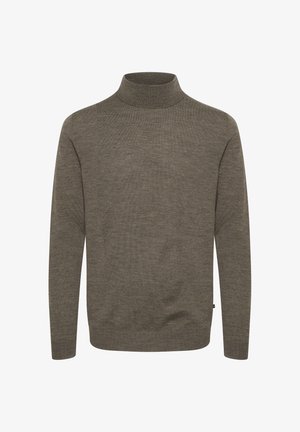 Pulover maro din lână cu mânecă lungă și guler înalt, cu un model fin de tricot și un tiv strâns la hem și manșete.