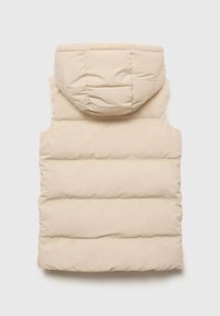 Beige gepolsterte Weste mit Kapuze, die eine gesteppte Textur und horizontale Nähte aufweist. Keine Ärmel, Rückansicht gezeigt.