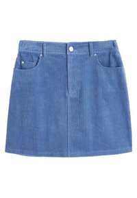Gonna in corduroy blu con righe verticali, presenta due tasche frontali, una chiusura con bottone e zip, e sottili dettagli metallici.