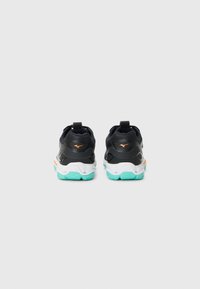 Black athletic shoes with a mesh upper, synthetic accents, a white midsole, and a light blue rubber outsole. Features orange detailing.