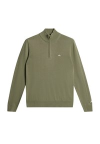 Grön tröja med hög hals och kvartzip. Tillverkad av mjukt stickat material, med en vit logotyp på bröstet och ribbade muddarna.