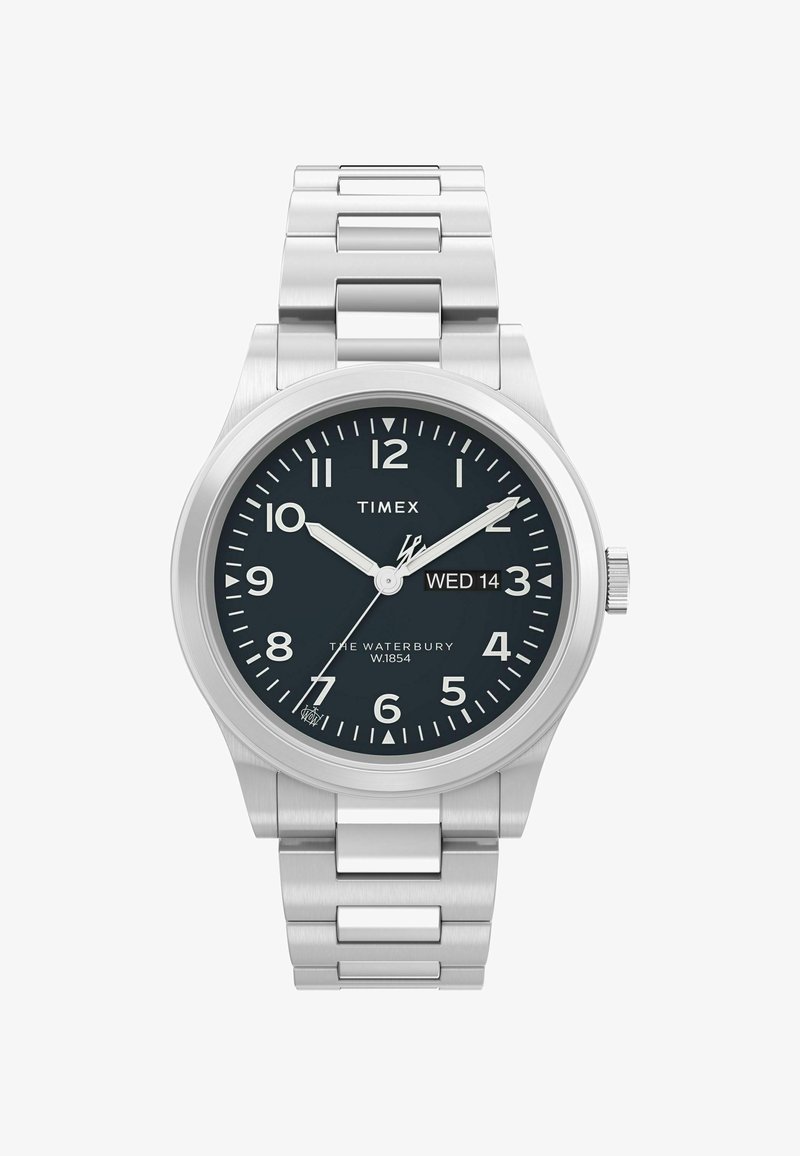 Uređaj od nehrđajućeg čelika s srebrnom narukvicom, crnim brojčanikom, bijelim oznakama sati i prikazom datuma. Sadrži luminescentne kazaljke i vodootporan dizajn.