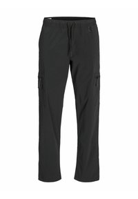Black cargo pants made of lightweight material, featuring an elastic waistband with a drawstring, side pockets, and a relaxed fit.