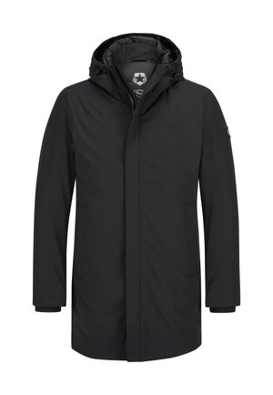 Schwarze wasserdichte Jacke mit Kapuze, ausgestattet mit einem Frontreißverschluss, seitlichen Taschen und elastischen Bündchen, aus glattem Material mit matter Oberfläche.