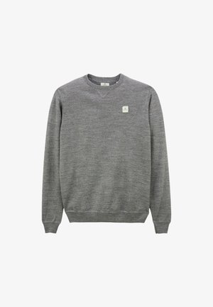 Sweatshirt gris à col ras du cou avec des côtes aux poignets et à l'ourlet, fabriqué dans un tissu doux. Présente un petit logo carré sur la partie gauche de la poitrine.