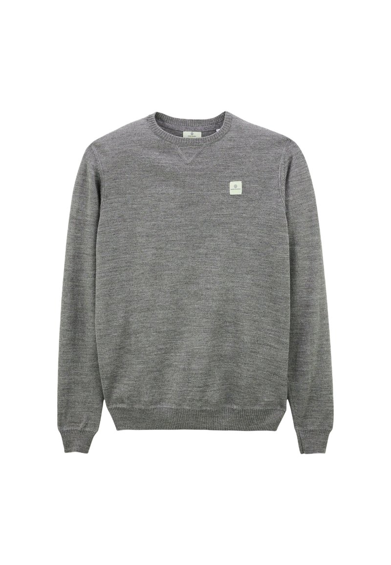 Sweatshirt gris à col ras du cou avec des côtes aux poignets et à l'ourlet, fabriqué dans un tissu doux. Présente un petit logo carré sur la partie gauche de la poitrine.