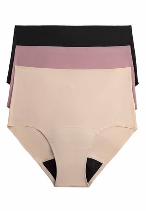 Tre sømløse dameunderbukser med høj talje i beige, mauve og sort, stablet og vist på en hvid baggrund.