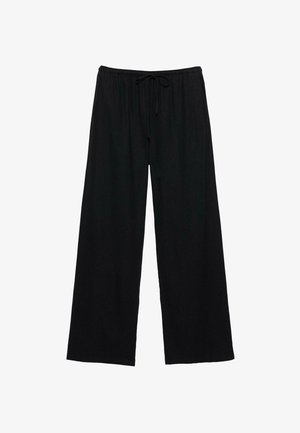 Czarne spodnie z szerokimi nogawkami, ozdobione elastycznym pasem i sznurkiem do wiązania, zaprojektowane dla luźnego i wygodnego dopasowania.