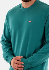 Sudadera de manga larga en verde azulado, fabricada en algodón, con cuello redondo y un pequeño logo rojo de Levi's en el pecho, con puños acanalados.
