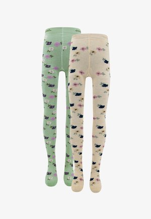 Ribbed tights in green and beige with floral patterns. Green features light purple and dark blue flowers; beige has pink and dark blue accents.