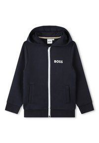Marinblå zip-hoodie med vit dragkedja och broderad "BOSS"-logotyp på bröstet. Har en huva med snörning och sidofickor.