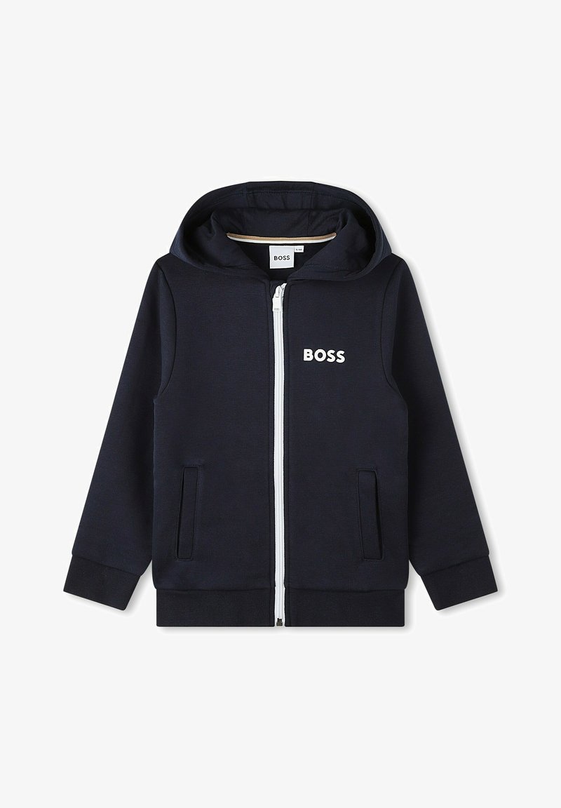 Navy zip-up hoodie with a white zipper and embroidered "BOSS" logo on the chest. Features a drawstring hood and side pockets.