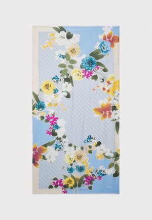 Foulard floreale con sfondo blu e fiori vivaci in giallo, rosa e blu; bordi finiti con una leggera bordatura beige e motivo testurizzato.
