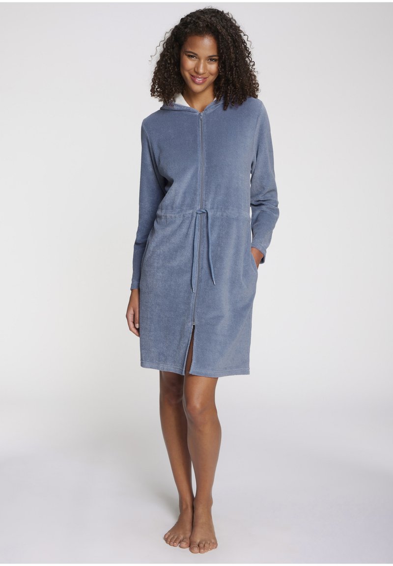Blue terry cloth hooded robe with a zip front, drawstring waist, long sleeves, side pockets, and a knee-length design.