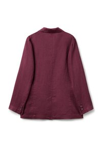Vue arrière d'un blazer à manches longues de couleur prune avec des poignets à boutons et un ourlet droit sur fond blanc.