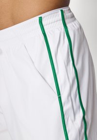 Shorts blancs avec des rayures latérales vertes, taille élastique et texture lisse. Accent sur le design sportif et la fonctionnalité.