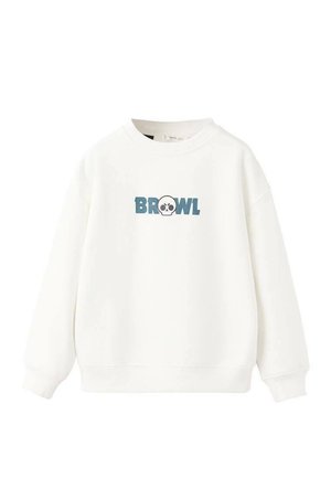 Sweat-shirt blanc à col rond, manches longues, avec une impression graphique "BROWL" et une icône de crâne en bleu sur le devant. Texture douce.