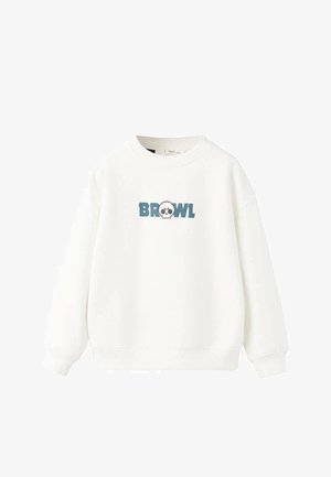 Sweat-shirt blanc à col rond, manches longues, avec une impression graphique "BROWL" et une icône de crâne en bleu sur le devant. Texture douce.