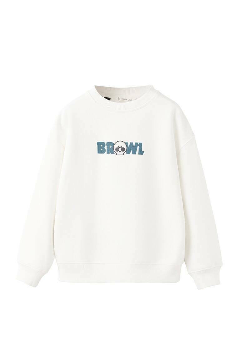 Sweat-shirt blanc à col rond, manches longues, avec une impression graphique "BROWL" et une icône de crâne en bleu sur le devant. Texture douce.