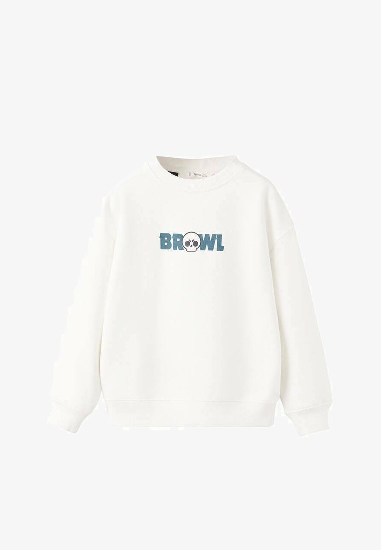 Sweat-shirt blanc à col rond, manches longues, avec une impression graphique "BROWL" et une icône de crâne en bleu sur le devant. Texture douce.