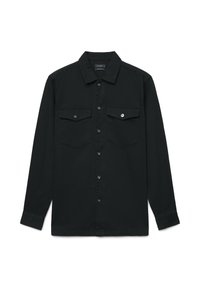 Schwarzes langärmeliges Hemd aus Baumwolle mit Knopfleiste, zwei Brusttaschen mit Klappe, spitzem Kragen und geradem Saum.